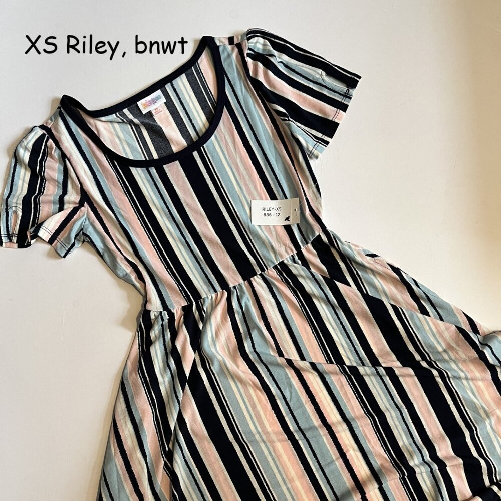 XS Lularoe Riley dress, pink, blue, black vertical stripes
